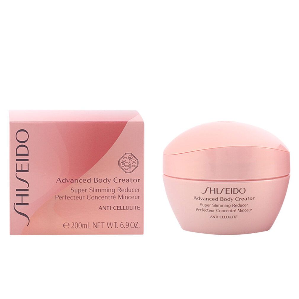 Vaso e scatola rosa. Scritta: Shiseido, Advanced Body Creator, Super Slimming Reducer, Anti-Cellulite. 200 ml.