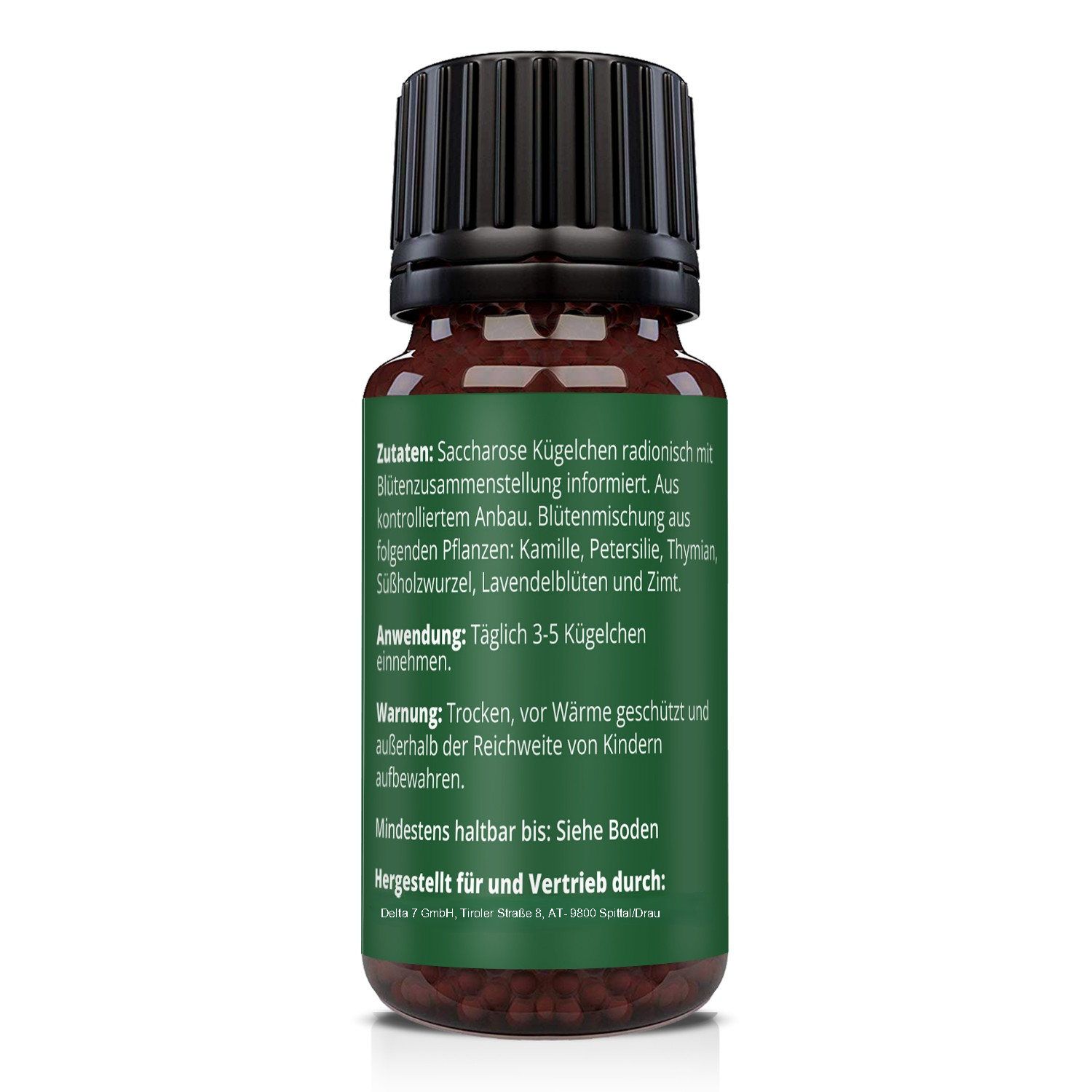 Flacone di vetro marrone con tappo nero. Retro con testo: Ingredienti, uso, avvertenze. Testo: Da consumarsi preferibilmente entro...