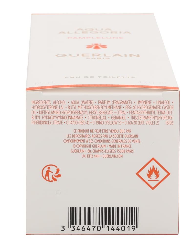 Confezione bianca con testo. Scritte: "Aqua Allegoria Pamplelune" e "Guerlain". Contiene ingredienti e avvertenze.