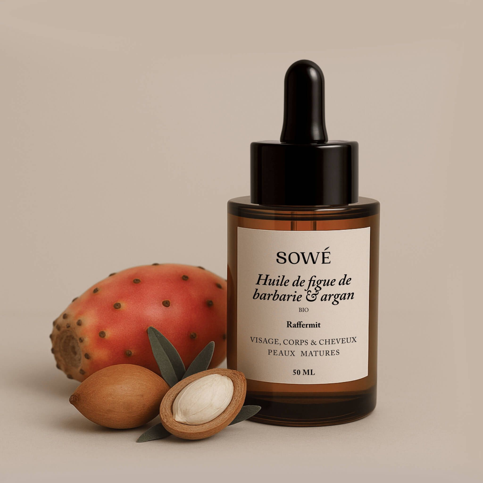 Flacone di vetro marrone con contagocce, fico d'India e noci di argan. Etichetta "SOWÉ" e "Huile de figue de barbarie & argan".