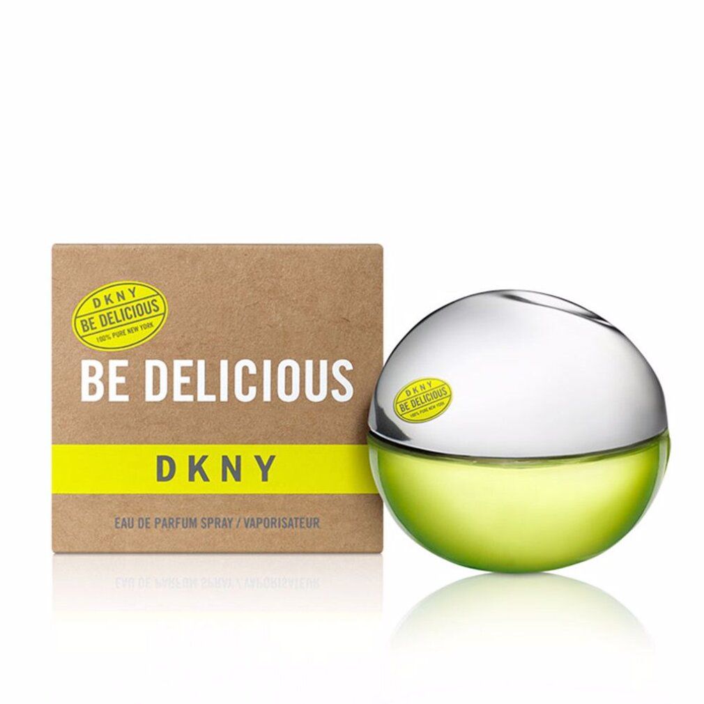 Flacone rotondo con coperchio argentato e liquido giallo-verde. Scatola accanto. Scritta: DKNY Be Delicious.