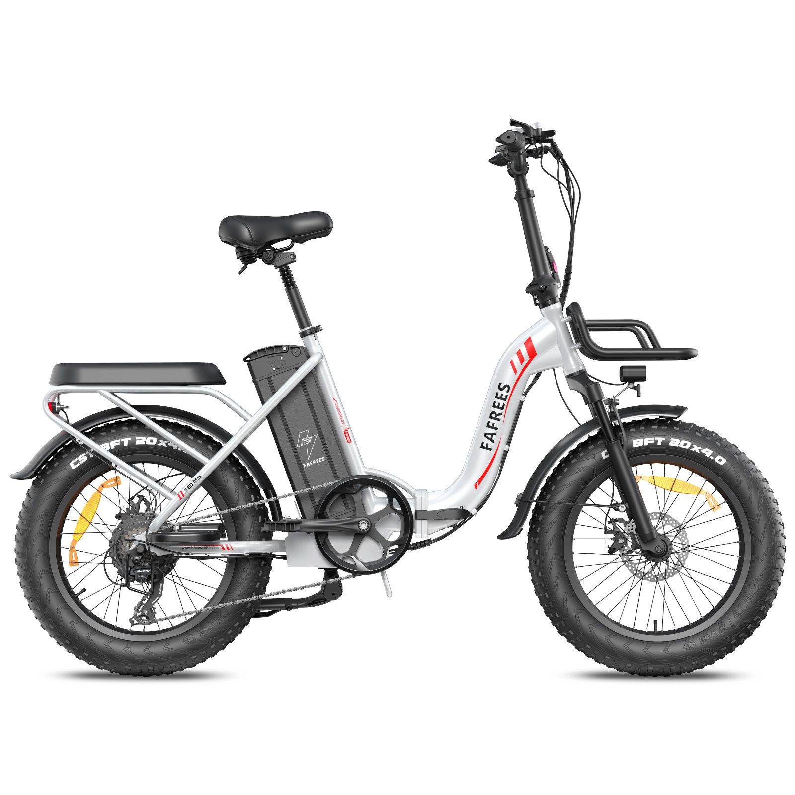 E-bike pieghevole bianca, sella e pneumatici neri. Logo FAFREES visibile. Portapacchi.