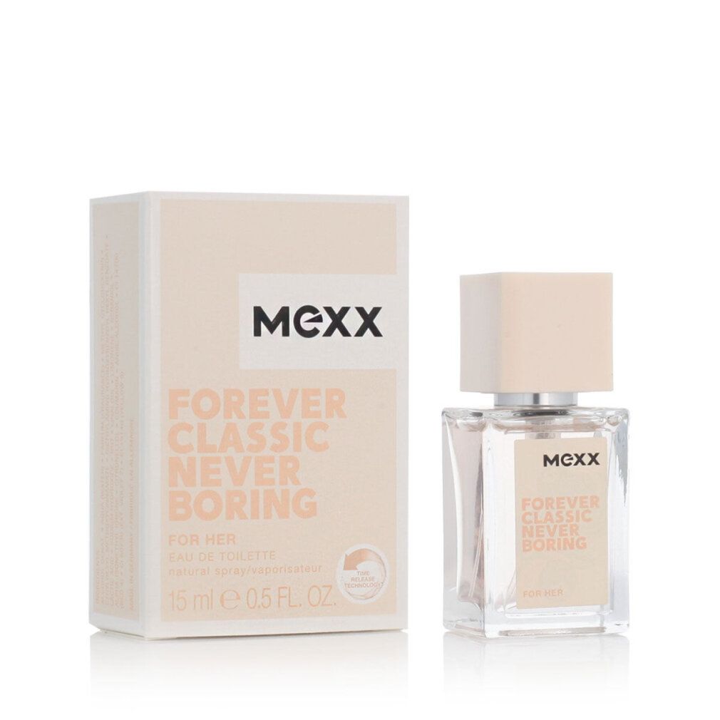 Flacone e confezione. Flacone quadrato, tappo rosa chiaro. Confezione con scritta: MEXX, Forever Classic Never Boring.