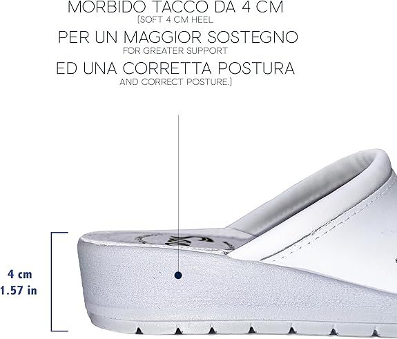 Primo piano del tallone di uno zoccolo in pelle bianca. Tacco 4 cm. Testo: 'MORBIDO TACCO DA 4 CM'.