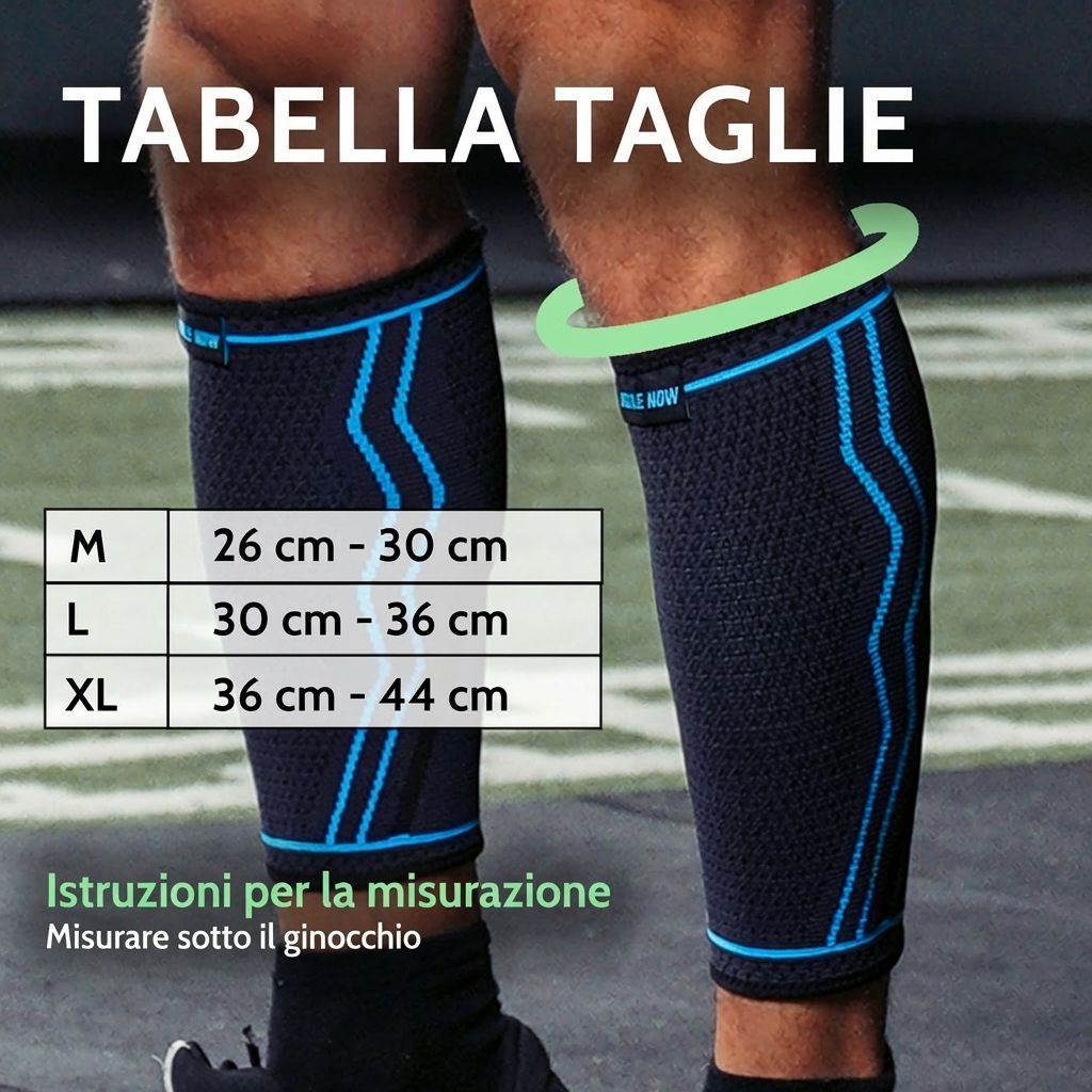 Bendaggio per polpaccio con tabella taglie. Taglie: M (26-30 cm), L (30-36 cm), XL (36-44 cm). Misurare sotto il ginocchio.