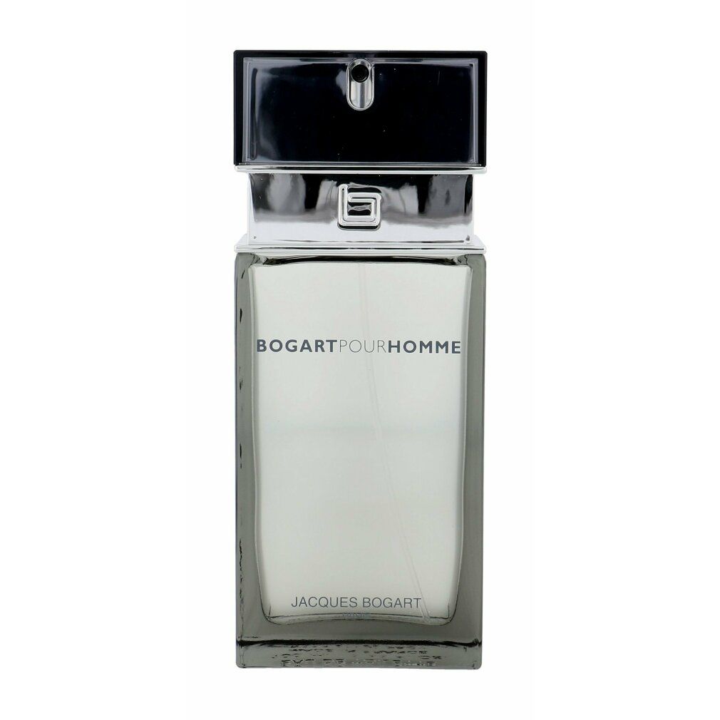 Flacone rettangolare con tappo argentato. Scritte: BOGARTPOURHOMME e JACQUES BOGART. Dettagli argentati.