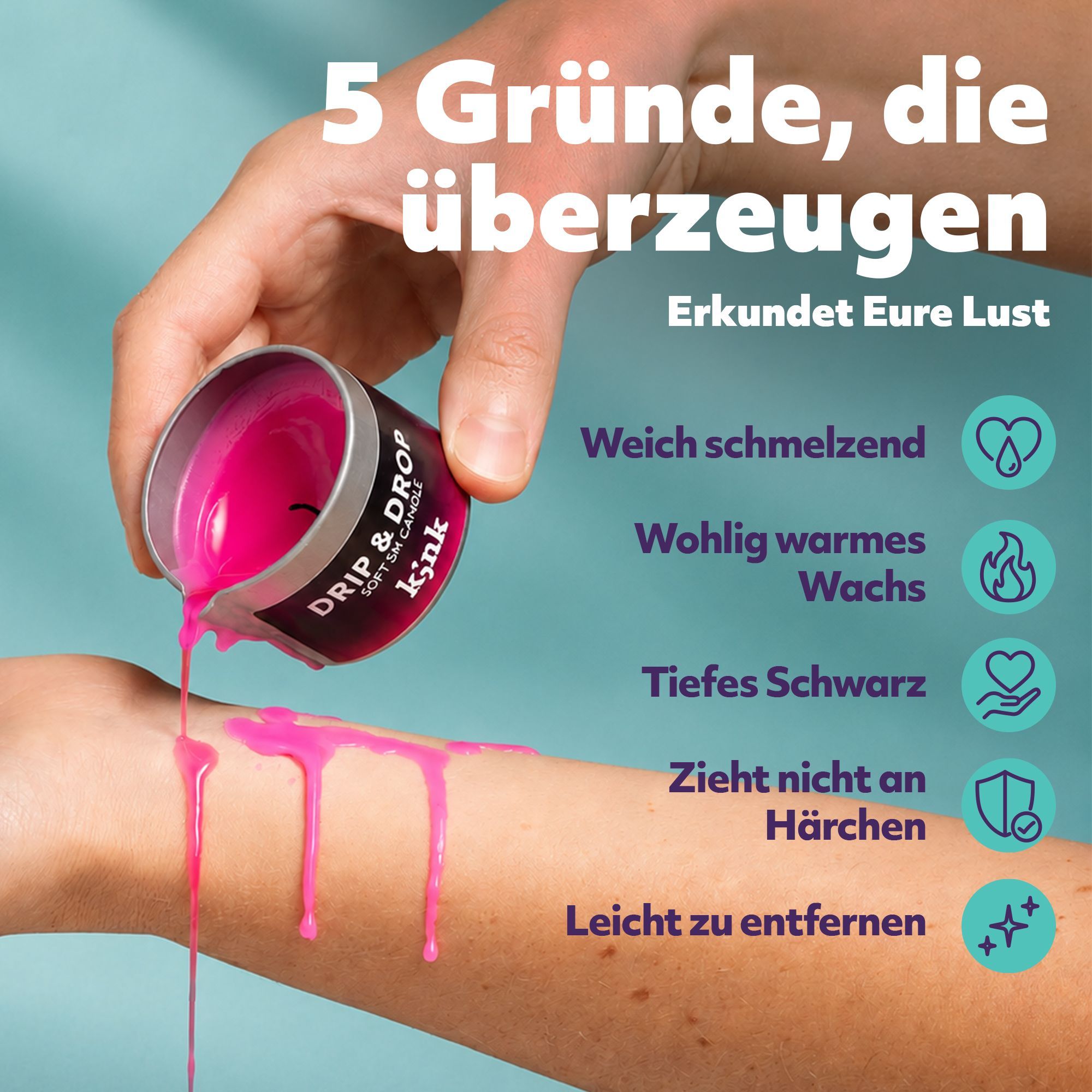 Candela da massaggio rosa che cola cera liquida su un braccio.