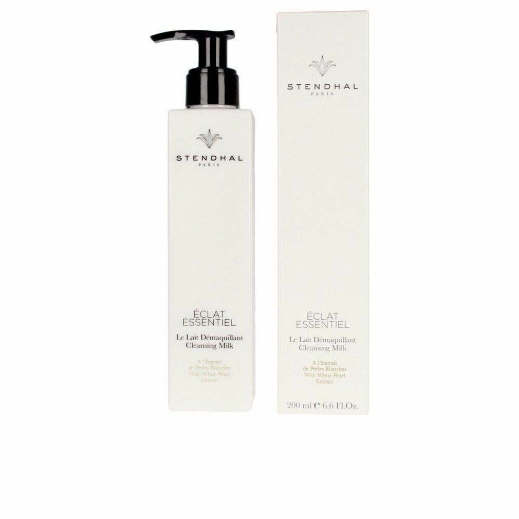 Flacone bianco con dosatore nero e scatola. Scritta: Stendhal Paris, Éclat Essentiel, Le Lait Demaquillant Cleansing Milk.