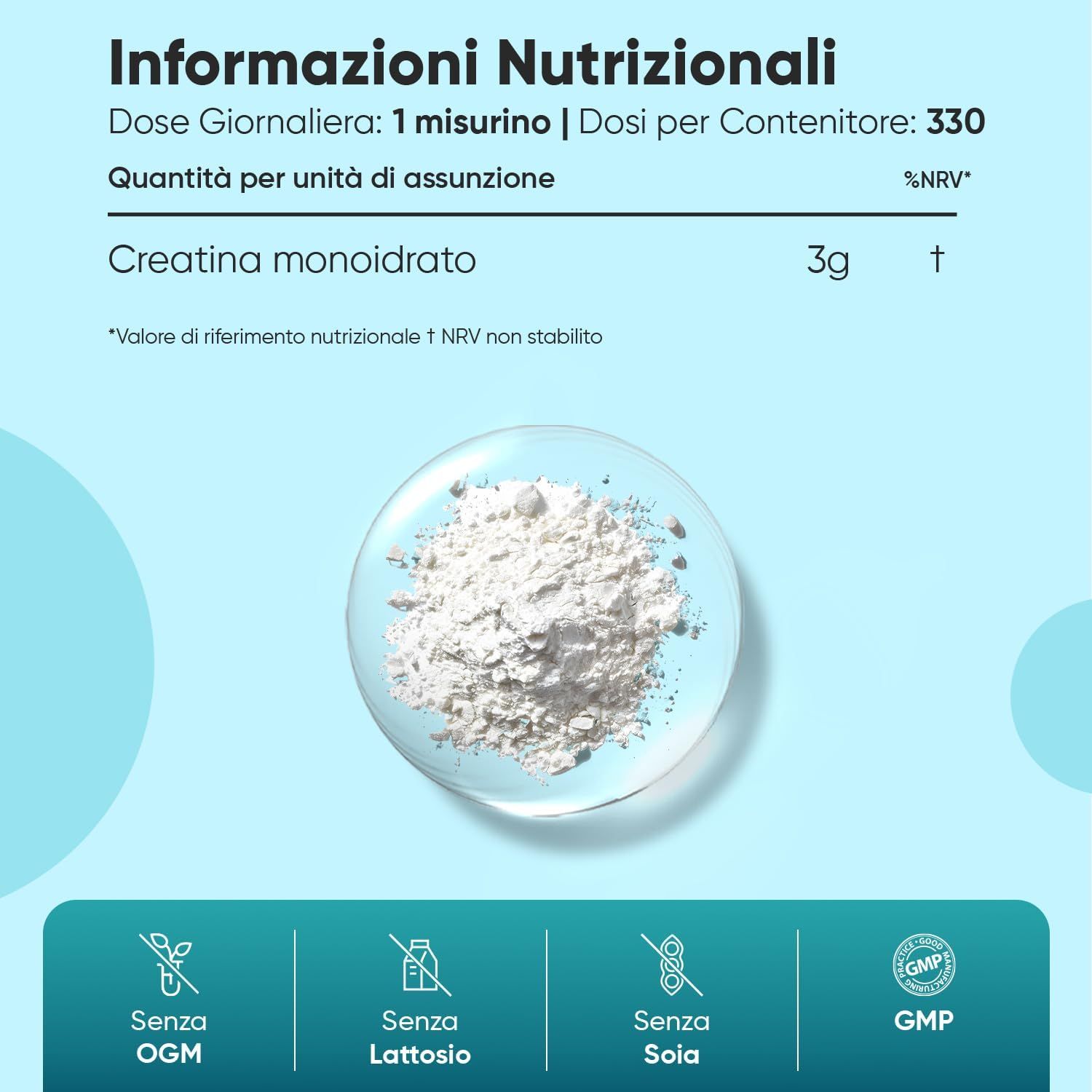 Informazioni nutrizionali con polvere bianca. 3g creatina monoidrato. Senza OGM, lattosio, soia. GMP.