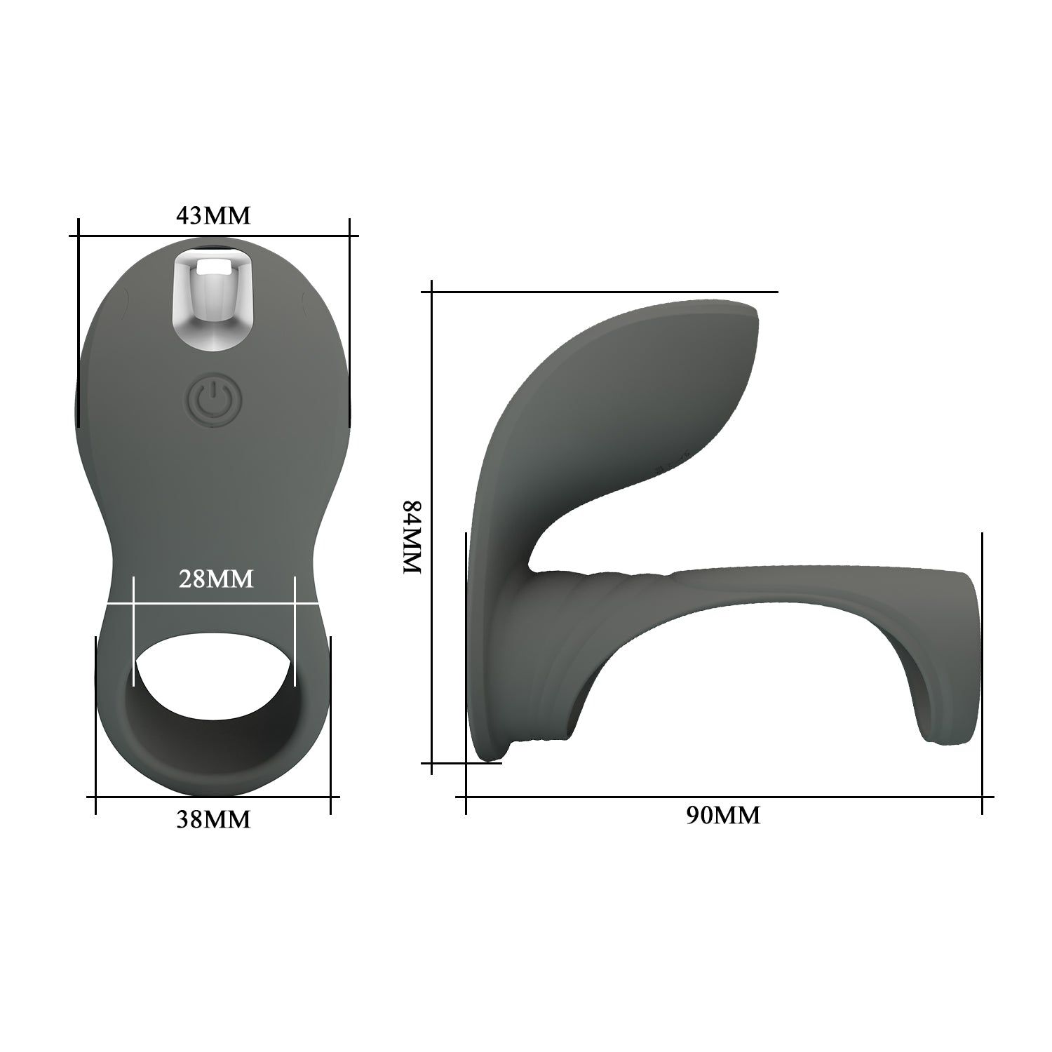 Anello grigio con misure. Dimensioni: 90mm x 84mm x 43mm. Include apertura rotonda e punta con pulsante.