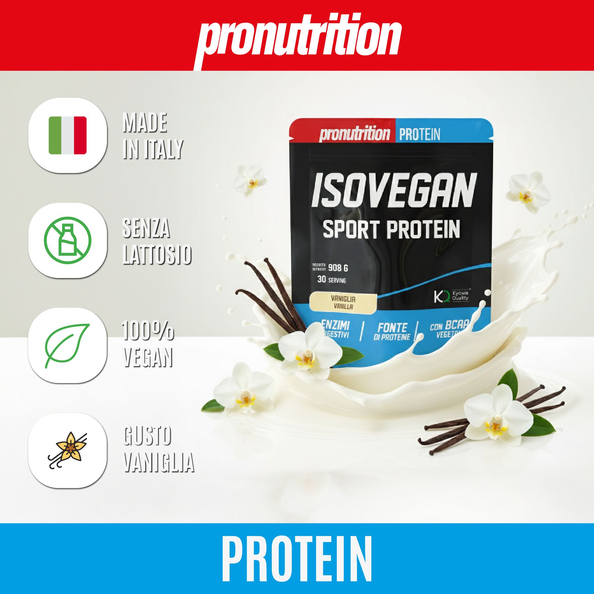 Busta nera Isovegan Sport Protein, vaniglia. Con schizzi di latte, baccelli e fiori di vaniglia. Prodotto in Italia.