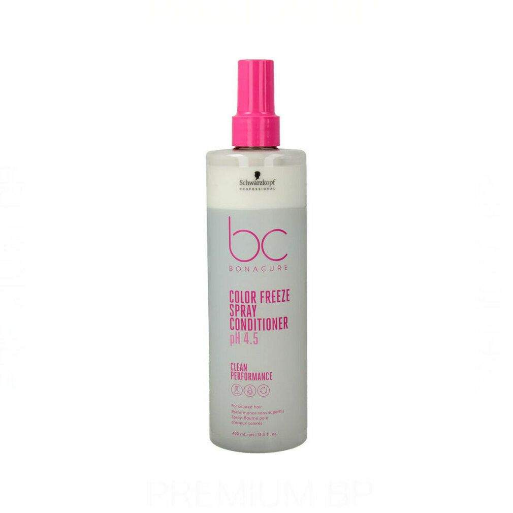 Flacone spray con erogatore rosa. Scritta: Bonacure Color Freeze Spray Conditioner pH 4.5. Flacone trasparente con etichetta bianca.