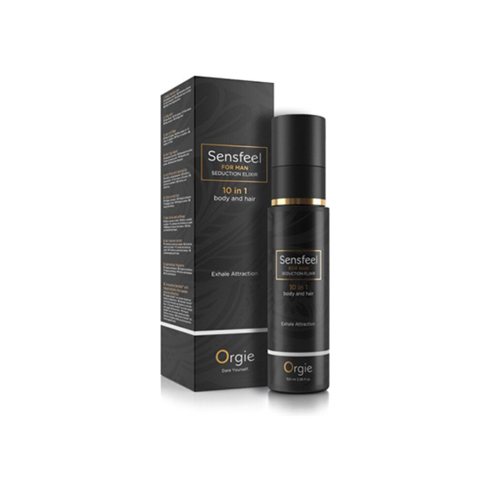 Flacone e confezione neri. Scritta: Sensfeel for Man, 10 in 1 body and hair. Marchio: Orgie.