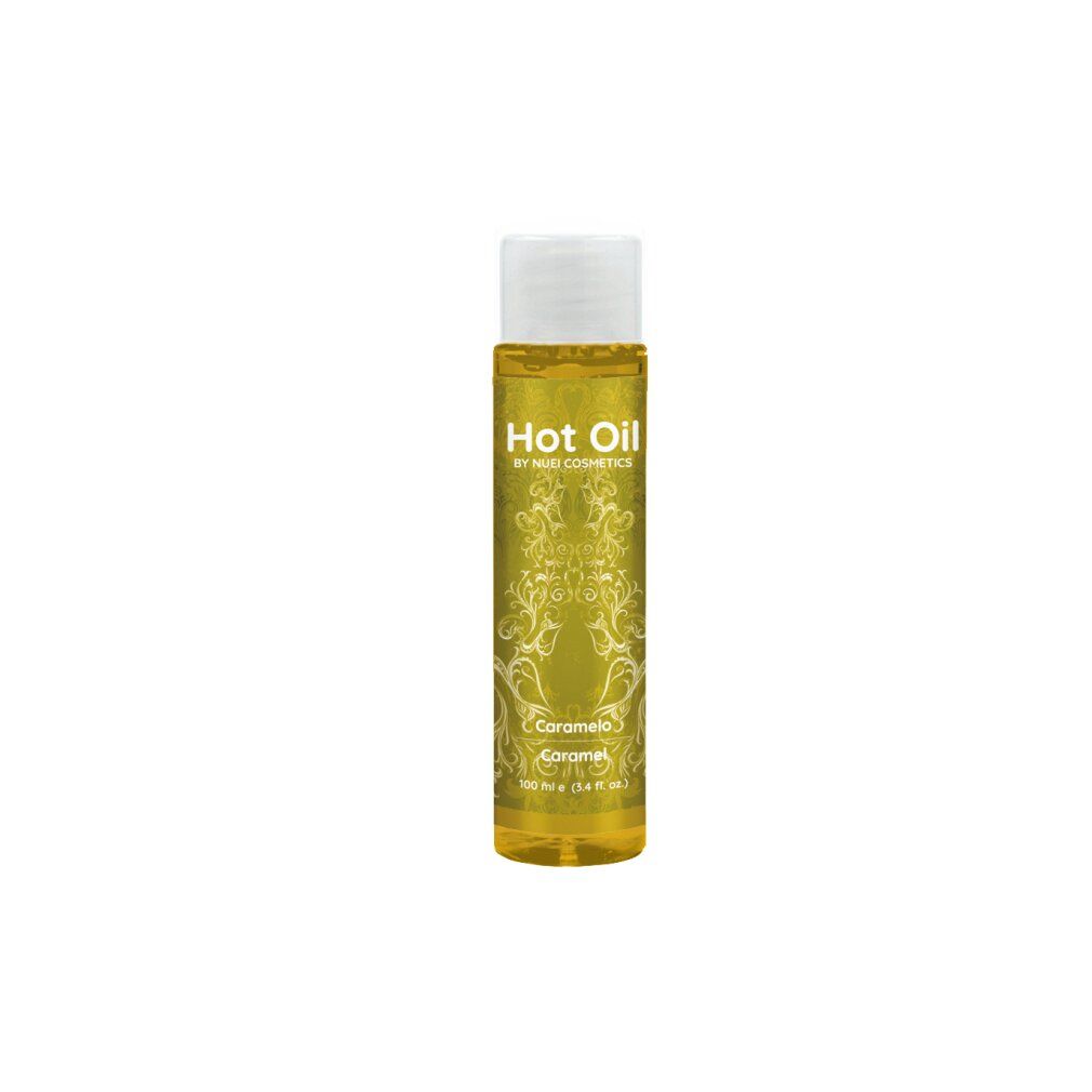 Flacone cilindrico di olio giallo. Scritta "Hot Oil" e "Caramelo Caramel". Tappo bianco. Marchio NUEI Cosmetics.