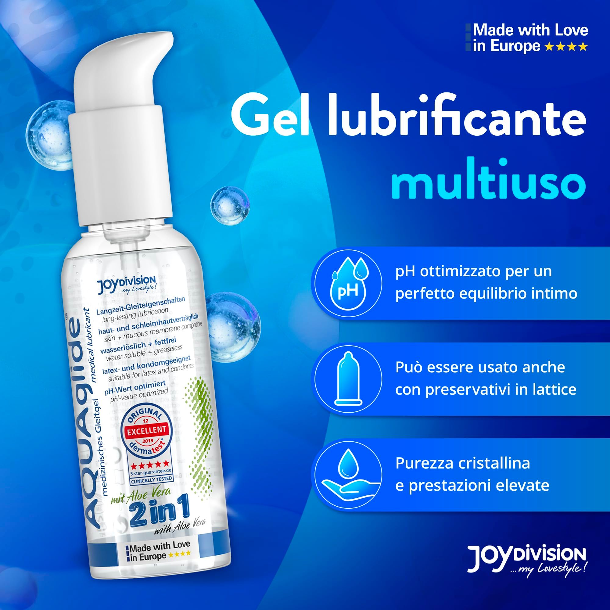 Gel multifunzione AQUAGLIDE, flacone pompa, pH ottimizzato, compatibile con preservativi.