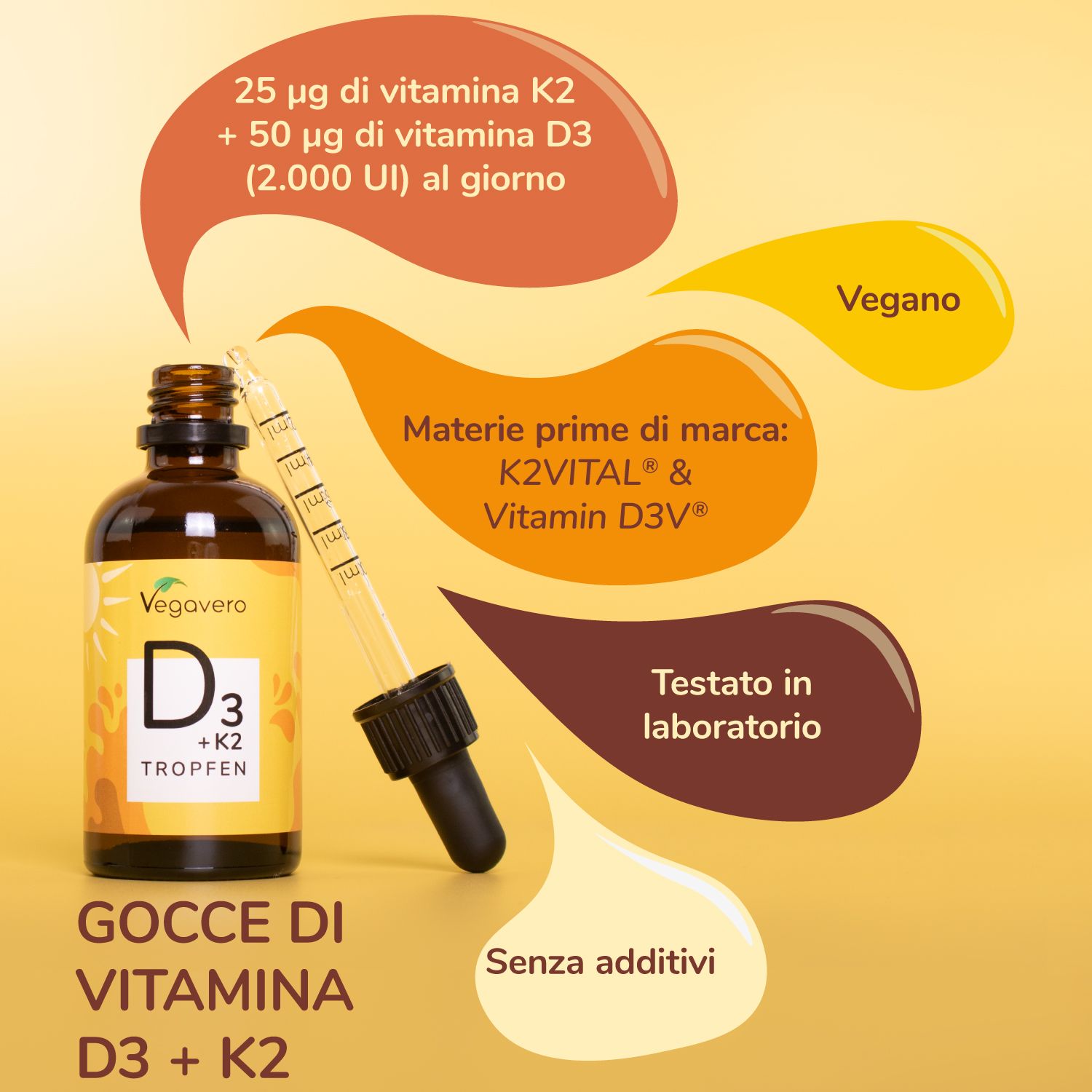 Flacone marrone con contagocce ed etichetta gialla. Scritta: D3 + K2 Tropfen. Fumetti con informazioni. Vegano.