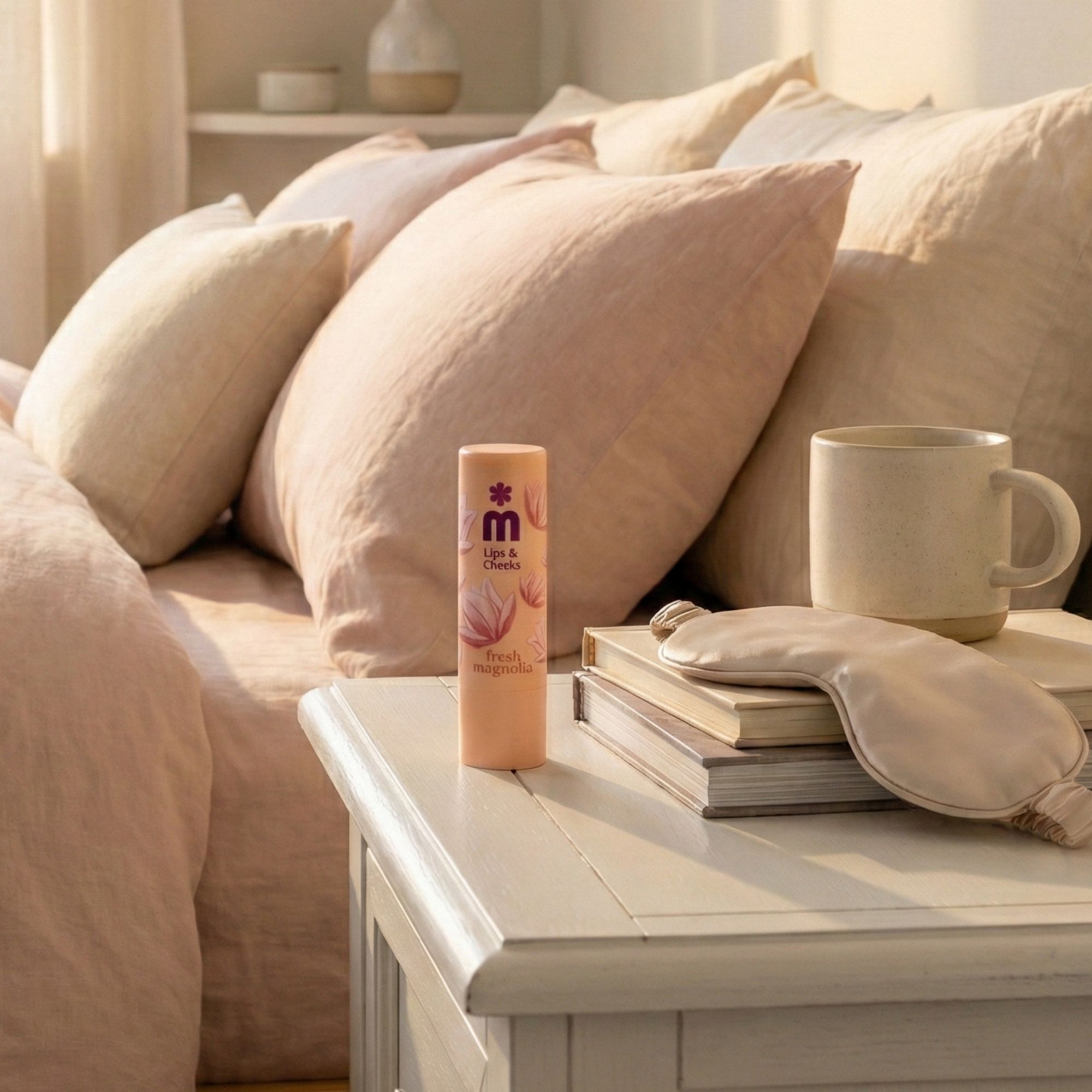 Balsamo labbra e guance su comodino. Confezione beige con logo e motivo magnolia. Vicino a cuscini, tazza e mascherina.