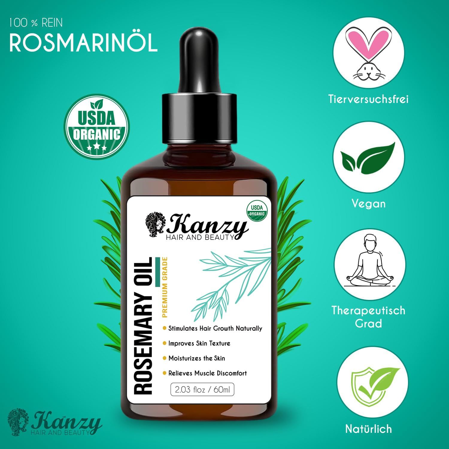 Flacone di vetro marrone con pipetta. Etichetta con informazioni sul prodotto. Testo: Kanzy, Olio di rosmarino, 60ml. Loghi: USDA Organic, Cruelty-free, Vegano, Terapeutico.