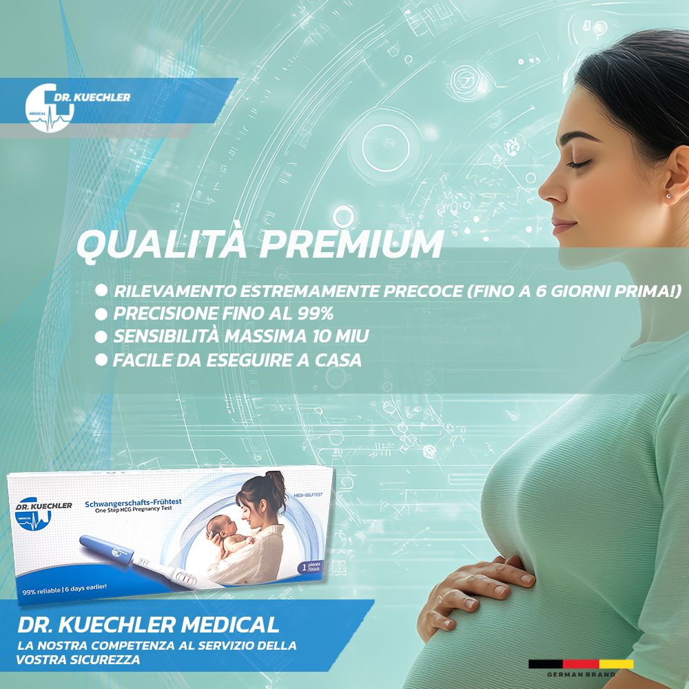 Donna incinta, confezione di test in primo piano. "Qualità premium", "Rilevamento estremamente precoce".