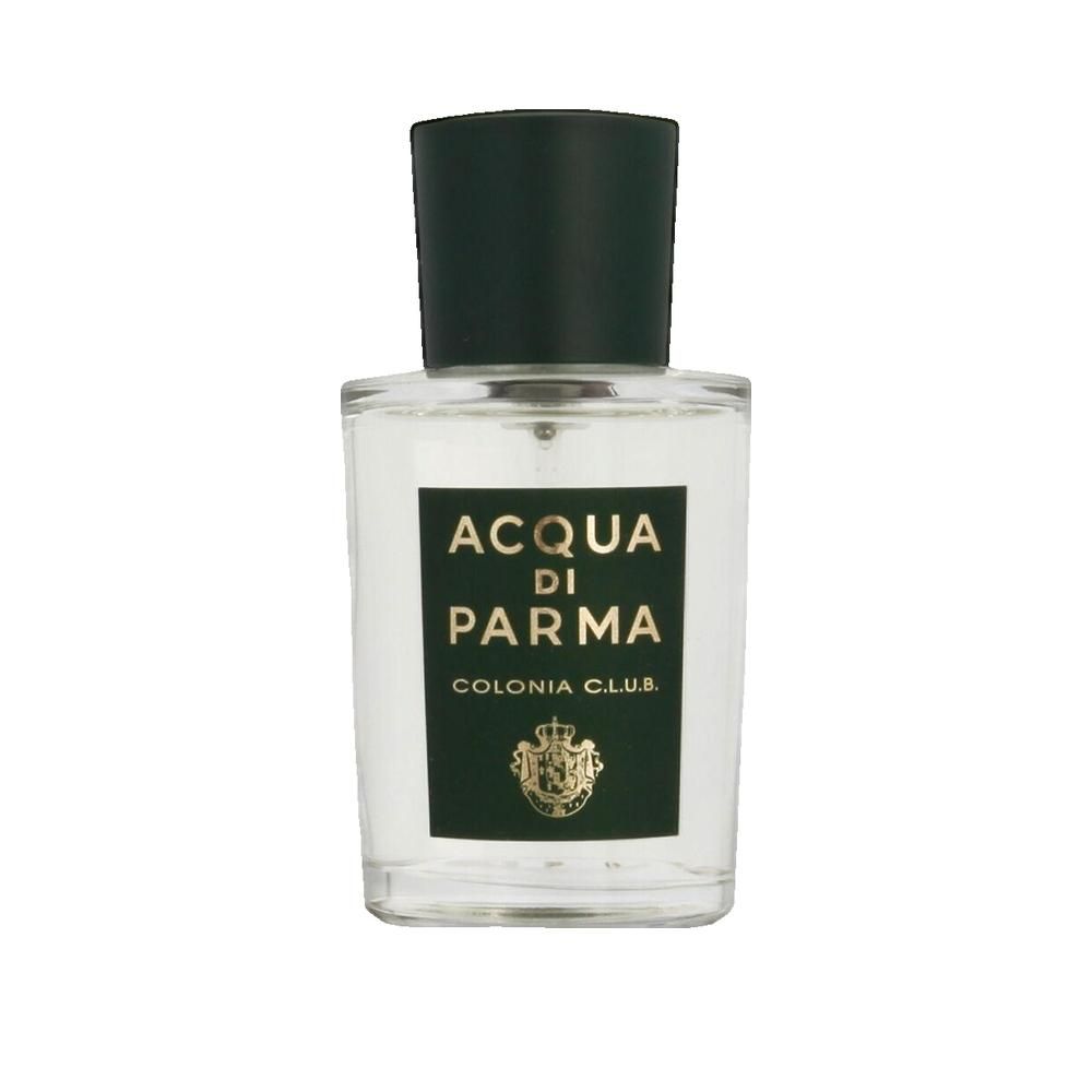 Flacone in vetro con tappo nero. Etichetta: Acqua di Parma, Colonia C.L.U.B. Logo.