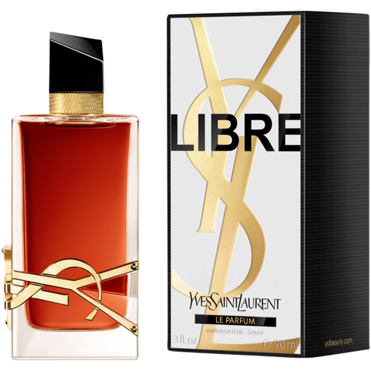 Flacone di profumo accanto alla confezione. Flacone con logo dorato, tappo nero. Confezione con logo e scritta.