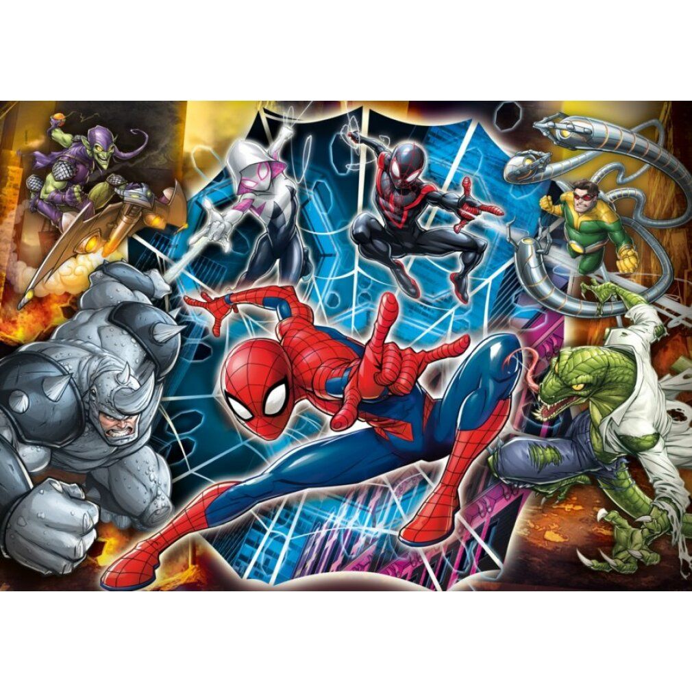 Puzzle Spiderman completato. Mostra Spiderman e altri personaggi dei fumetti. 104 pezzi. Super Color.
