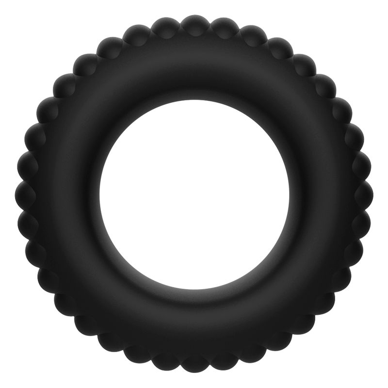 Un anello per pene rotondo nero in silicone con una texture a bordo perlato, isolato.
