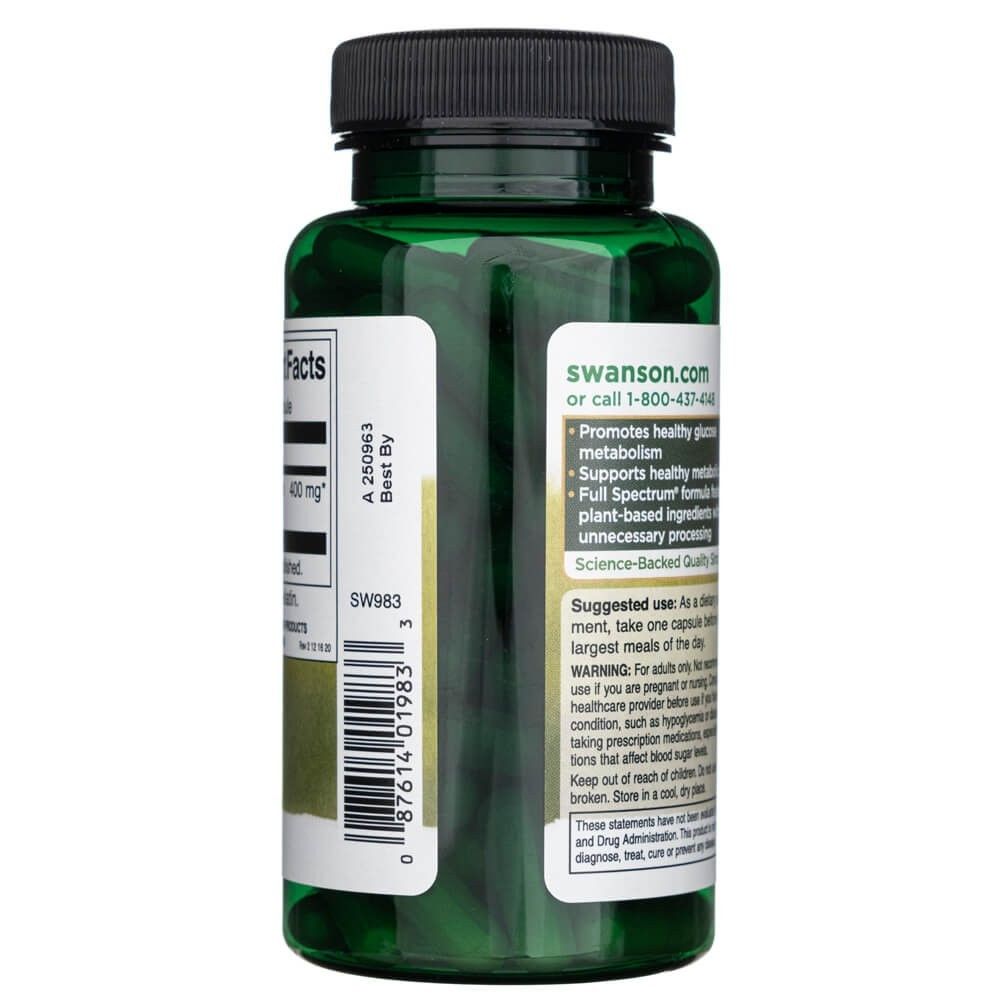 Lato di un flacone Swanson Gymnema Sylvestre, mostra etichetta con dosaggio e istruzioni per l'uso.