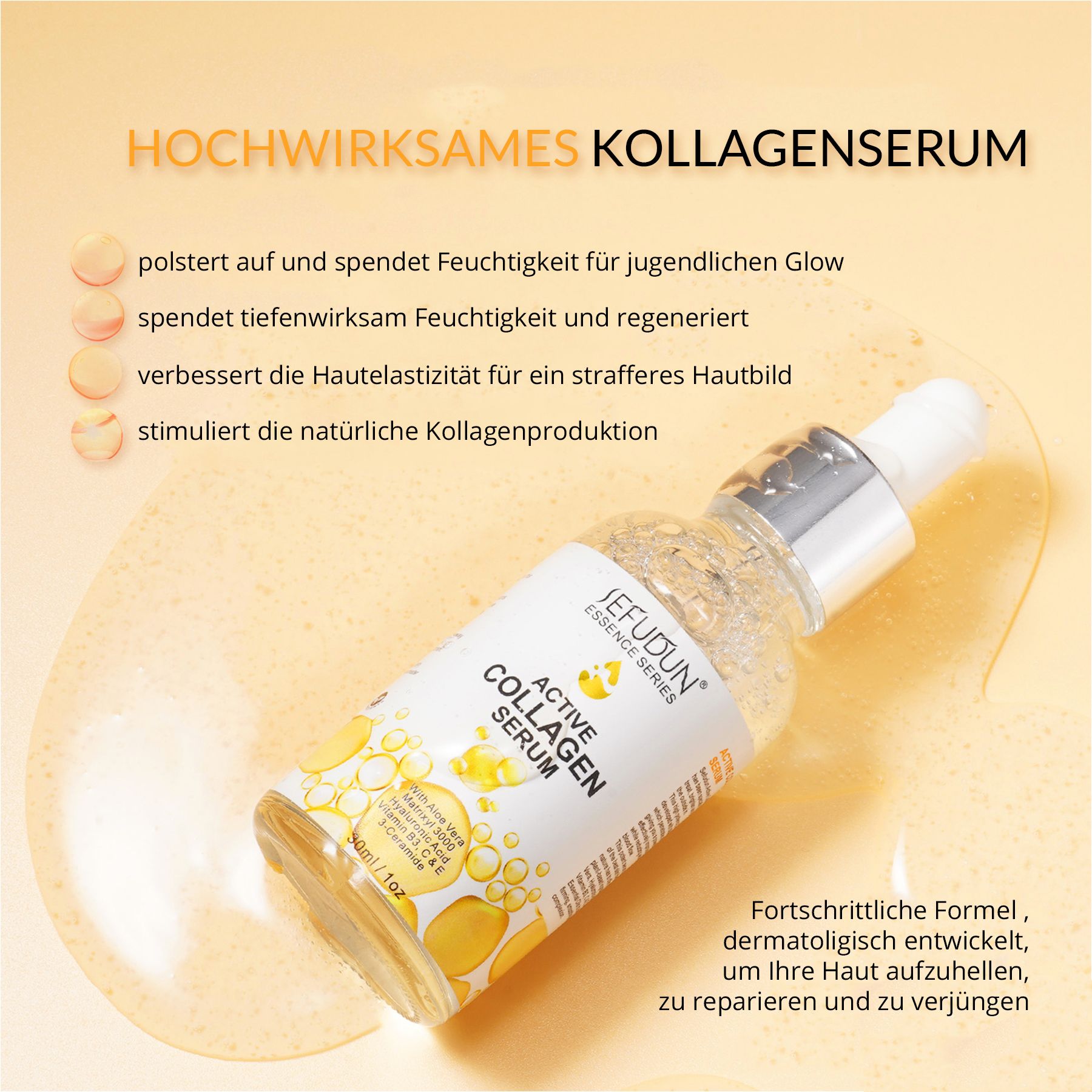 Flacone di siero Active Collagen Serum. Testo: Siero al collagene ad alta efficacia. Quattro infografiche con vantaggi.