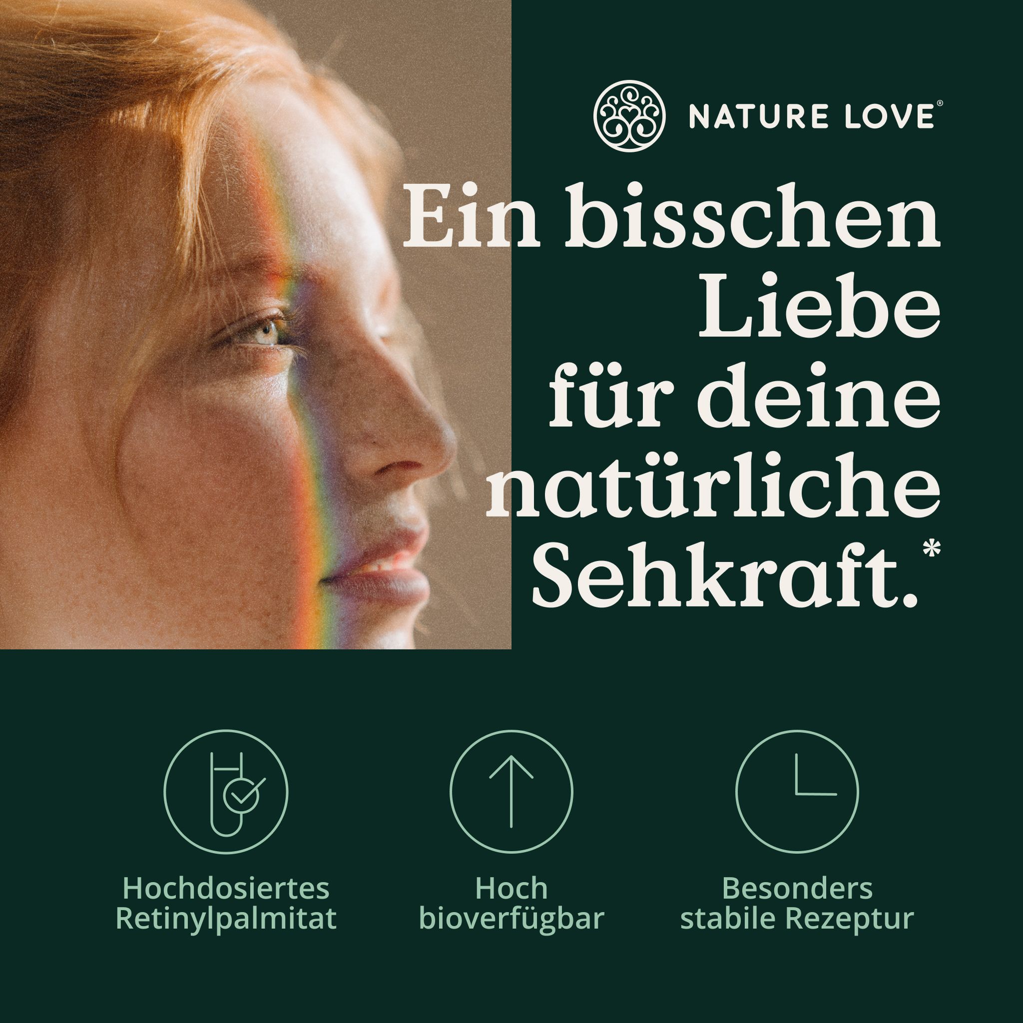 Profilo di una donna con riflesso di luce, logo Nature Love, testo: Un po' d'amore per la tua vista naturale.