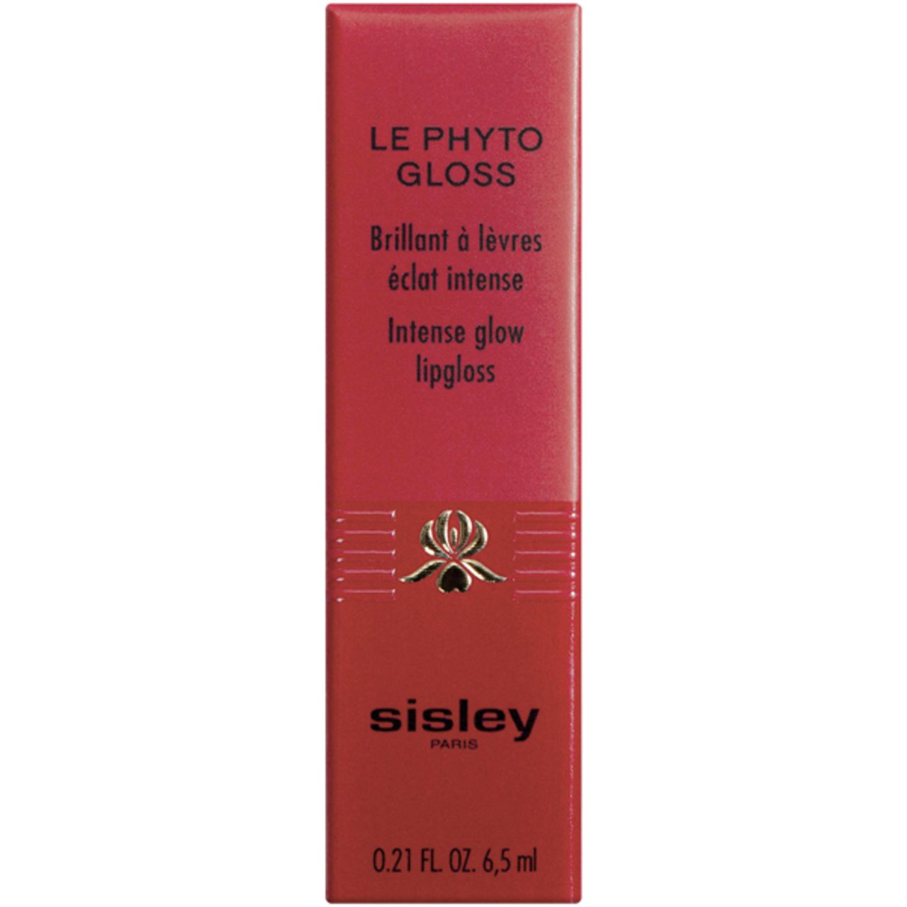 Confezione rossa con testo: LE PHYTO GLOSS, Intense glow lipgloss, sisley PARIS. 0.21 FL. OZ. 6,5 ml.