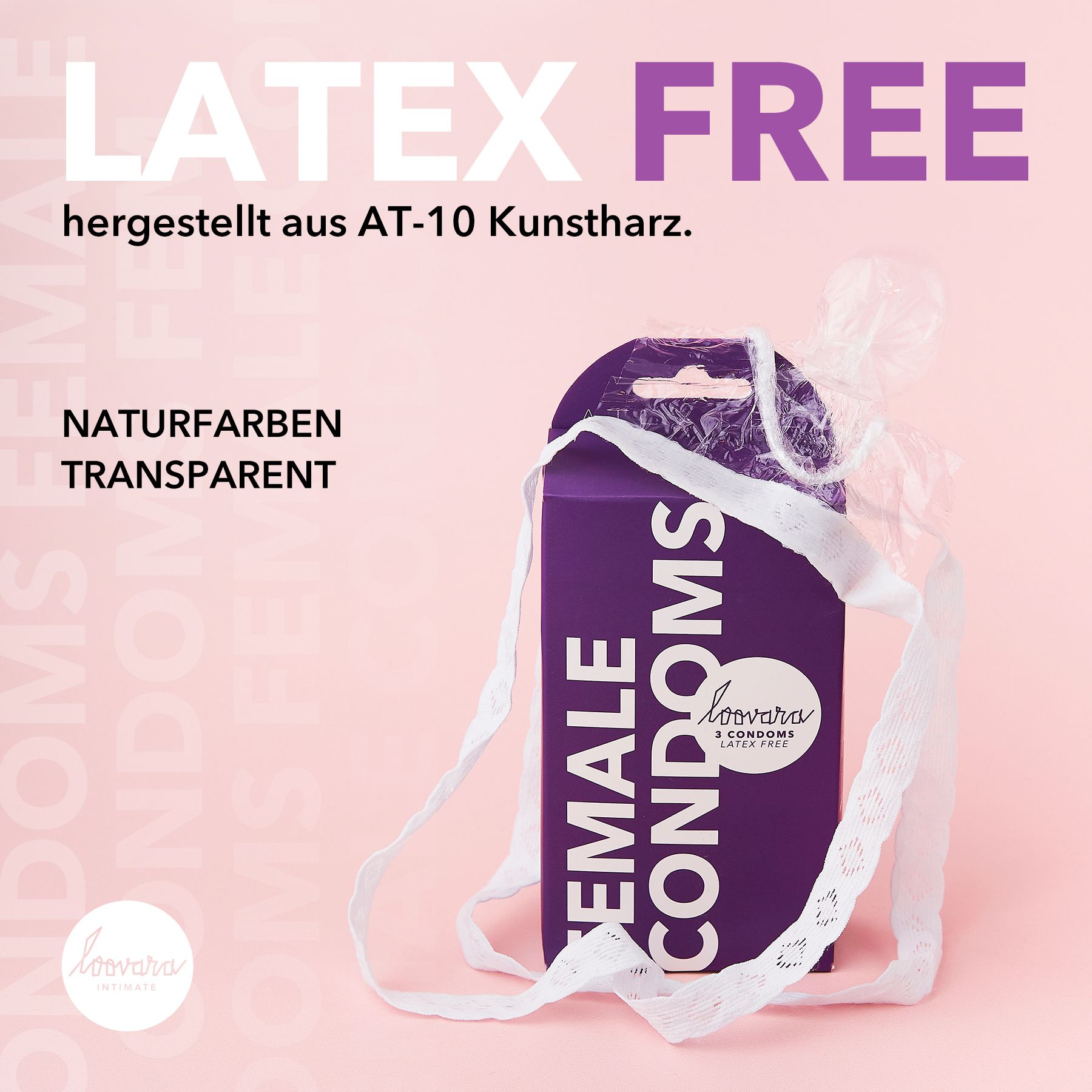 Confezione in cartone viola per 3 preservativi femminili senza lattice, trasparenti, in resina AT-10.