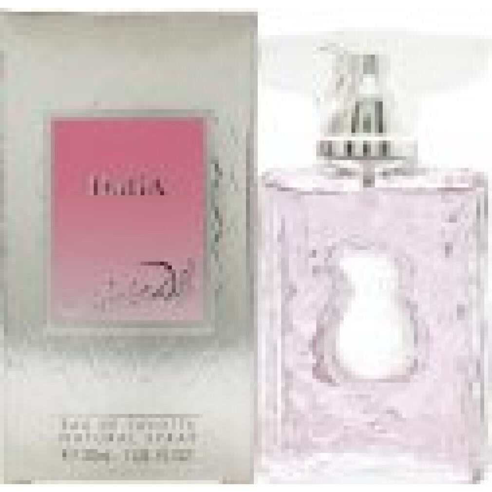 Flacone rosa e scatola. 'DaliA' e 'Salvador Dali' sulla scatola. 'Eau de Toilette'.