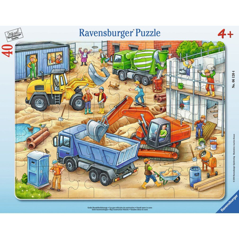 Puzzle con scena di cantiere. Veicoli edili, operai ed edifici. Logo Ravensburger e raccomandazione d'età 4+.