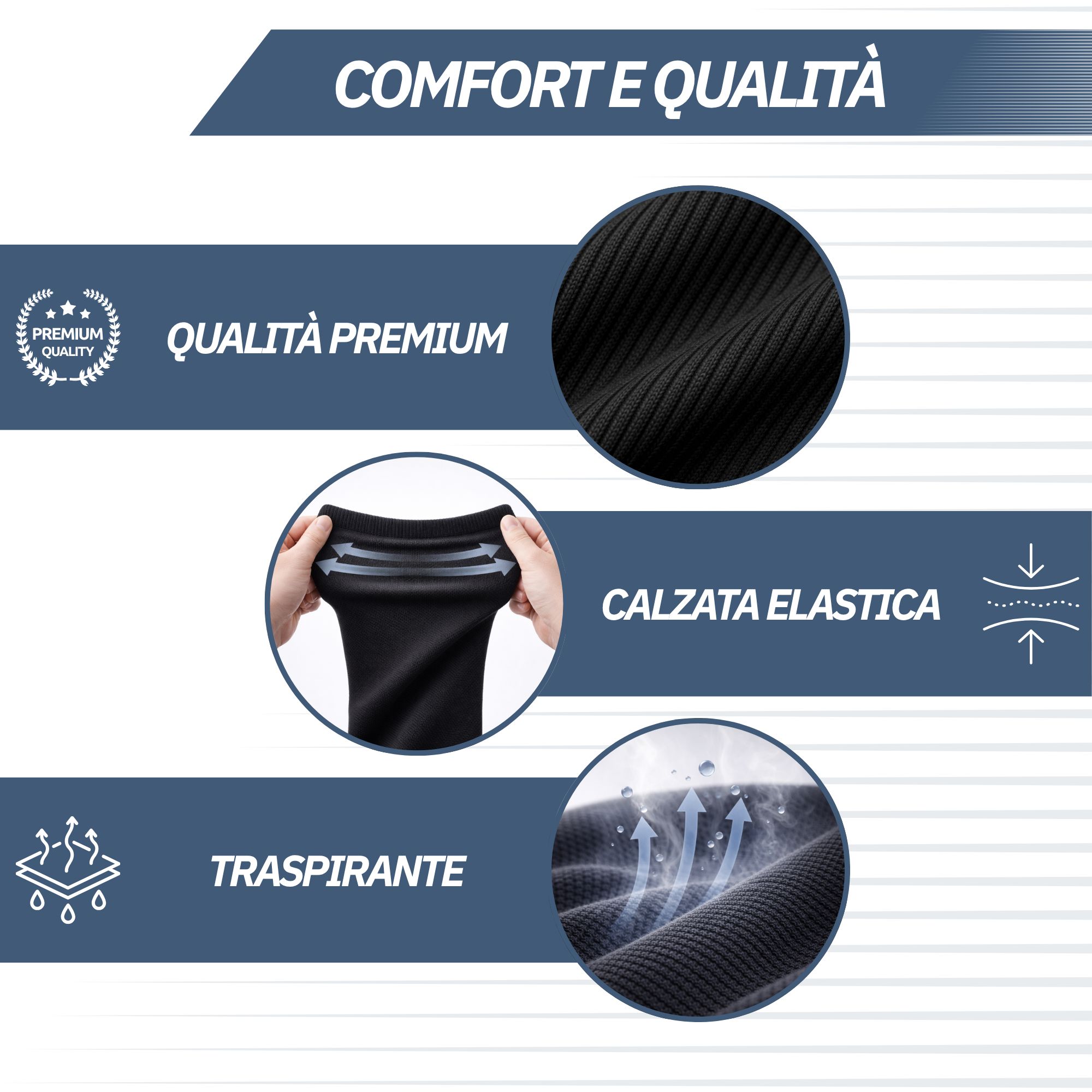 Calze a compressione nere con elastico in vita e materiale traspirante.