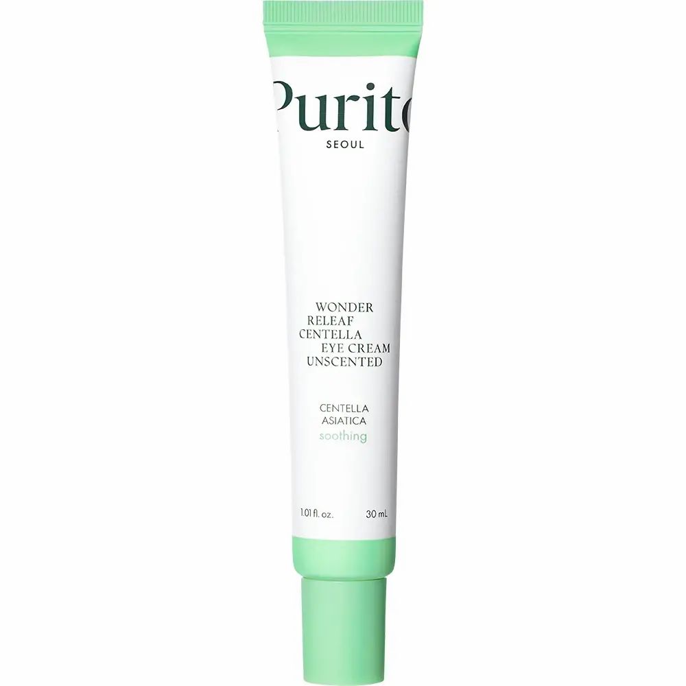 Tubo bianco con tappo verde. Testo: PURITO SEOUL, Wonder Releaf Centella Eye Cream Unscented, Centella Asiatica soothing. 30 ml.