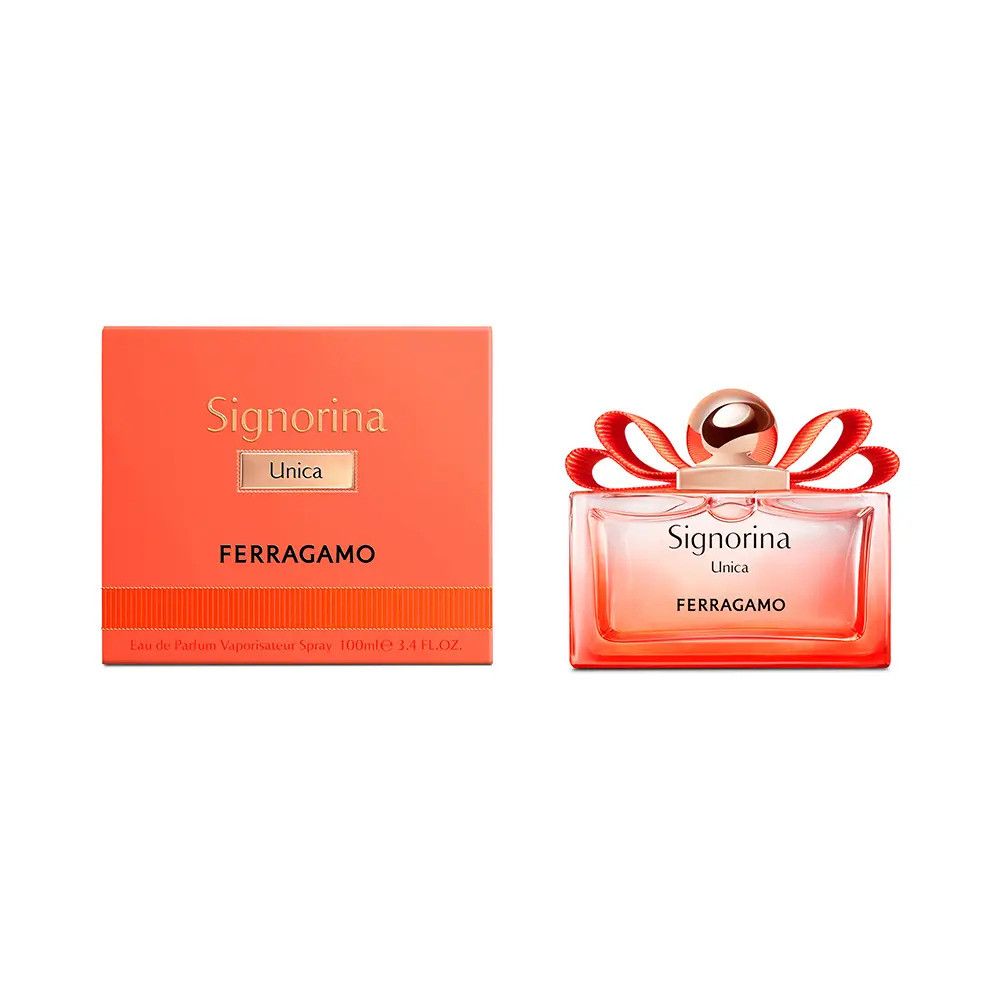 Flacone di profumo e confezione. Flacone con fiocco rosso, scritta Signorina Unica, Ferragamo. Confezione arancione.