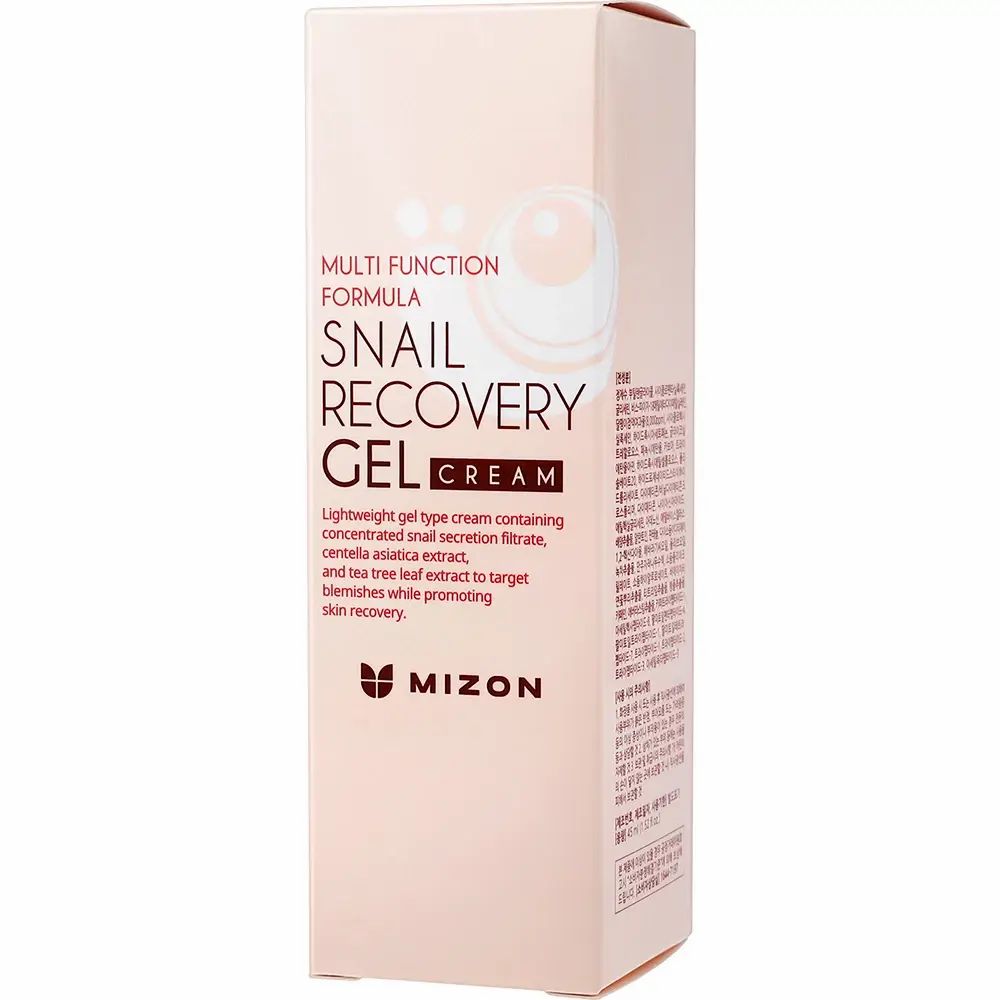 Scatola rosa con scritta: Snail Recovery Gel Cream. Marchio: MIZON. Testo sulla confezione.