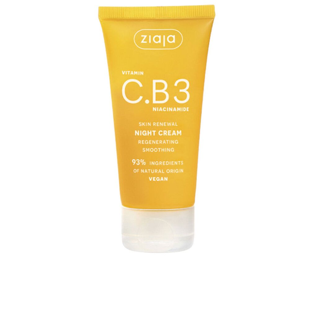 Tubo giallo con tappo bianco. Scritta: Ziaja, Vitamina C.B3, Skin Renewal Night Cream, 93% ingredienti naturali, vegan.