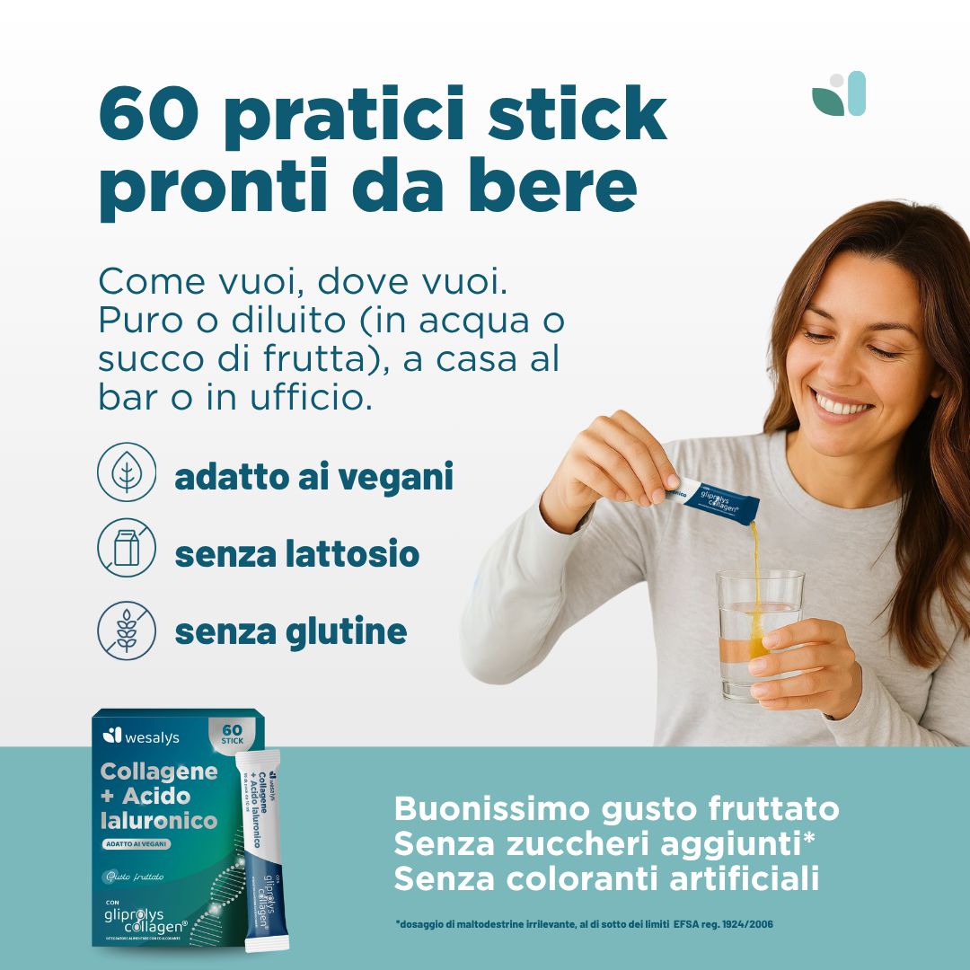 Donna versa liquido da uno stick in un bicchiere. Testo: 60 stick pratici da bere. Vegano, senza lattosio, senza glutine.