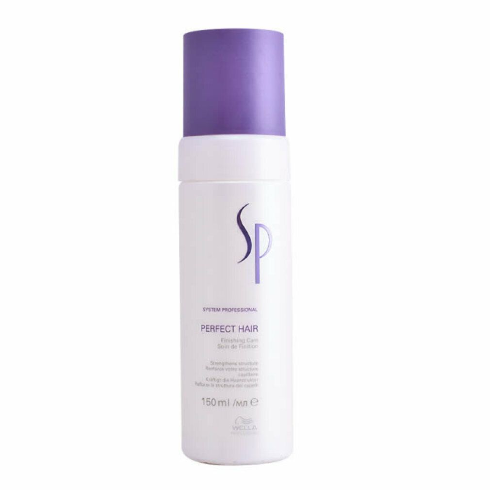 Flacone bianco-viola. Scritta SP, Perfect Hair, Finishing Care. 150 ml. Logo Wella.