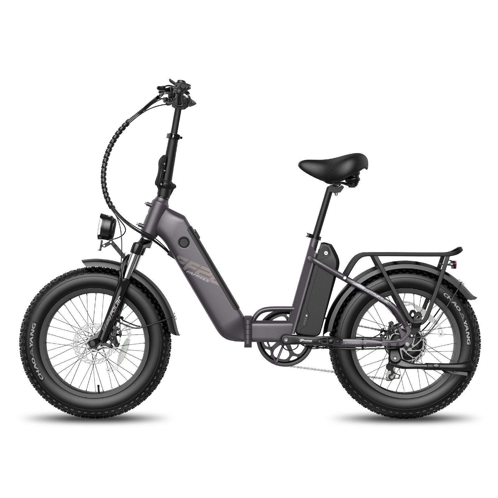 E-bike pieghevile grigio con pneumatici larghi, portapacchi e faro. Batteria sul telaio.
