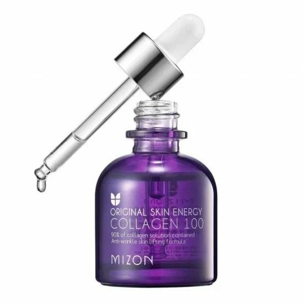 Flacone viola con pipetta. Scritta: Original Skin Energy Collagen 100, Mizon. Pipetta sopra il flacone.