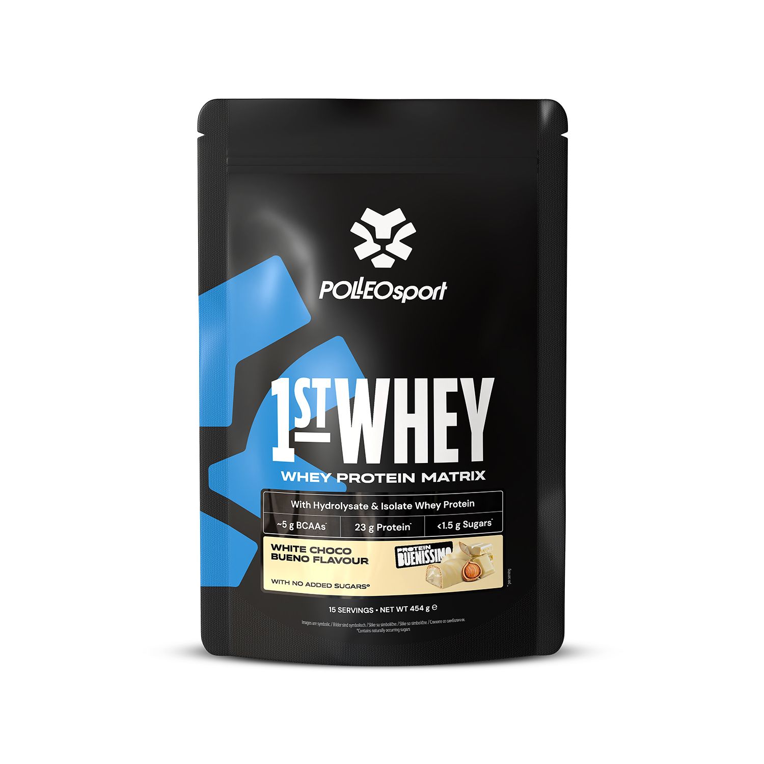 Confezione nera PolleoSport 1st Whey, gusto White Choco Bueno. Contiene Whey Protein Matrix. Peso netto 454g.