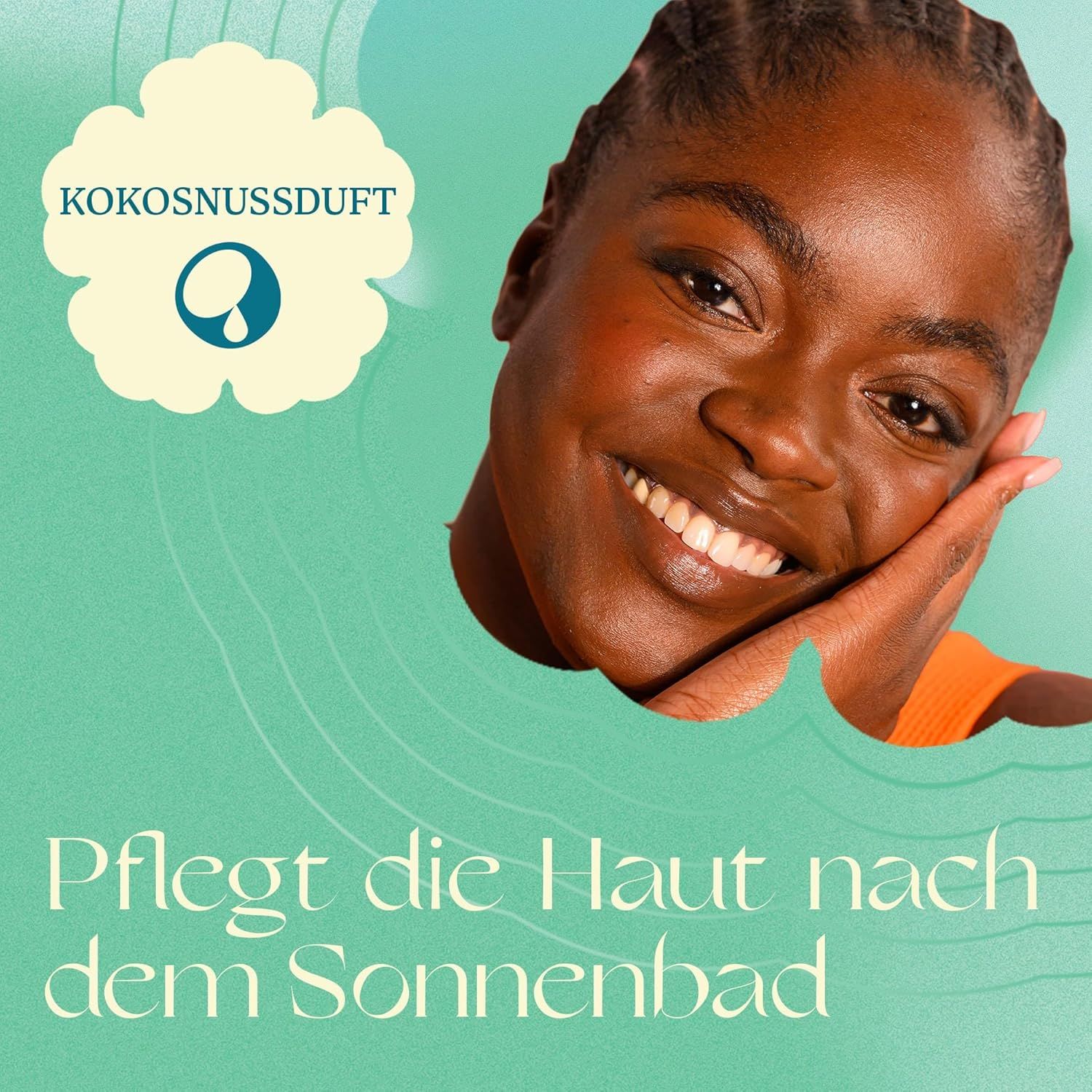 Donna sorridente. Testo: Cura la pelle dopo l'abbronzatura. Fumetto: Fragranza di cocco.