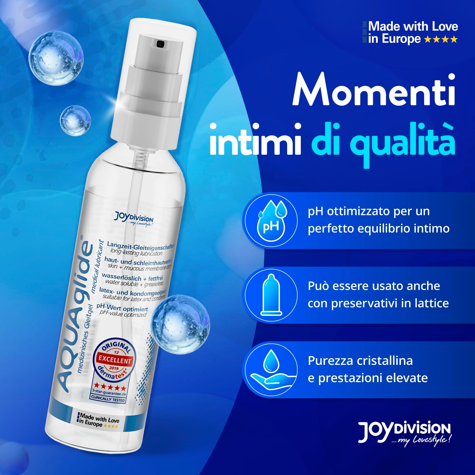 Gel lubrificante AquaGlide con erogatore a pompa. pH ottimizzato, utilizzabile con preservativi.
