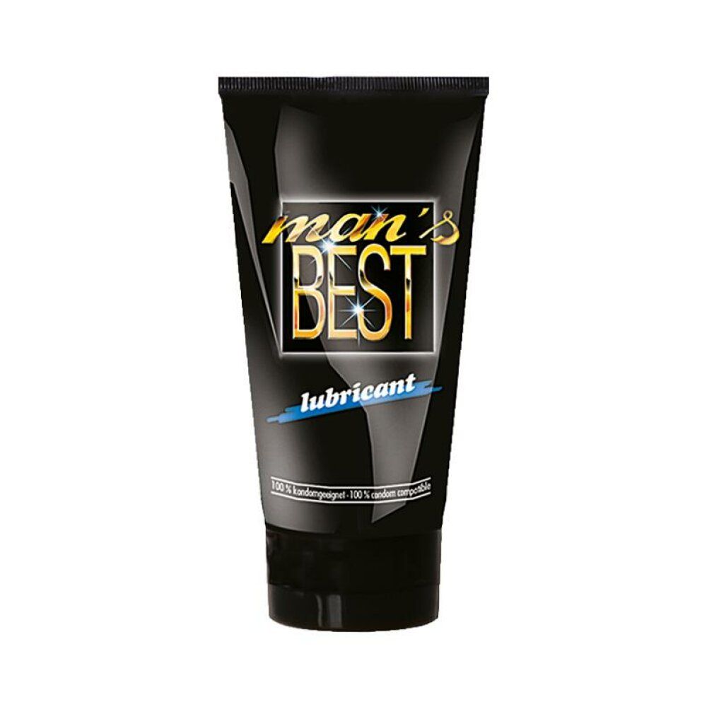 Tubo nero con scritta dorata "man's BEST lubricant". Linea blu. Testo: 100% compatibile con preservativi.