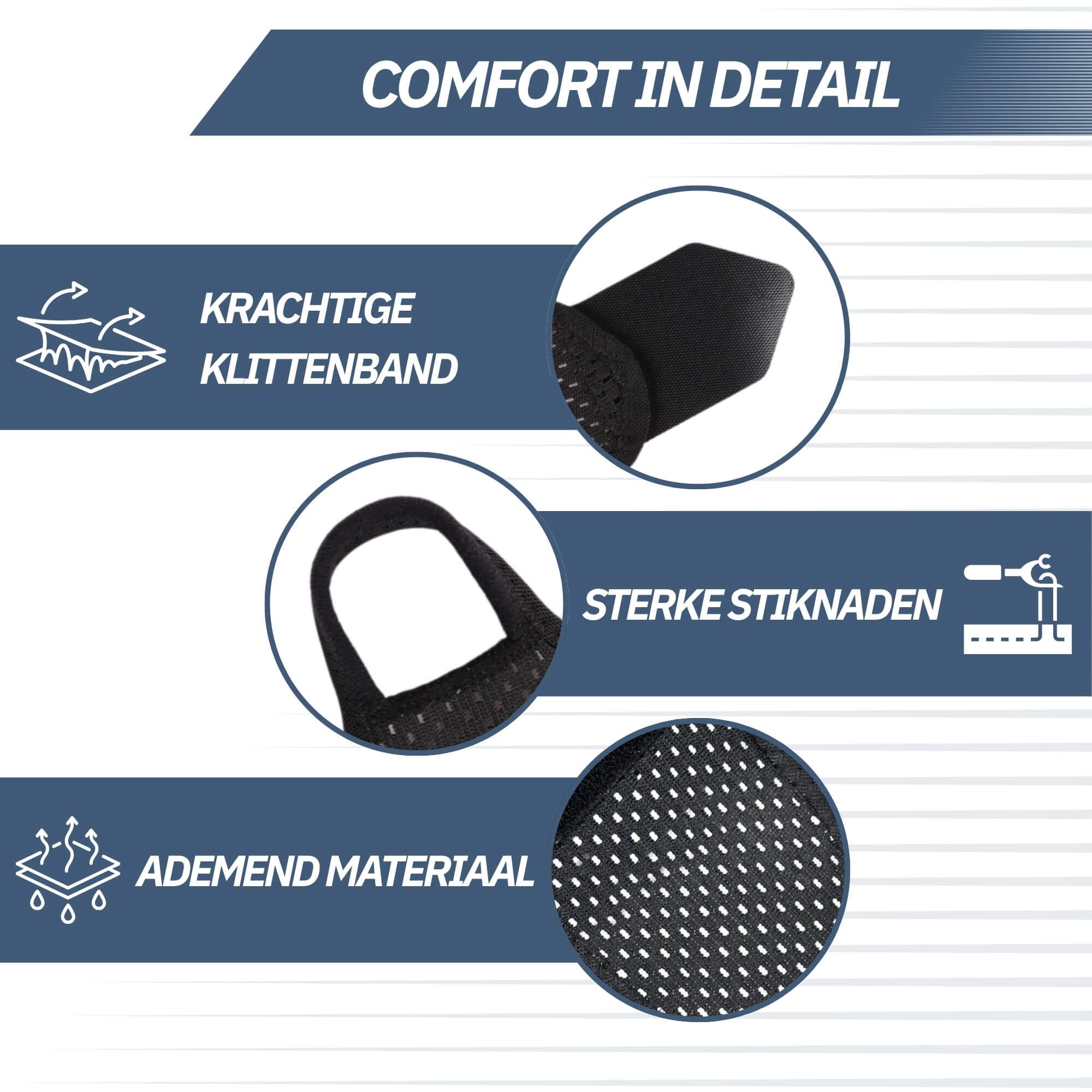 Dettagli di una ginocchiera nera: fascia in velcro, cuciture, materiale traspirante.