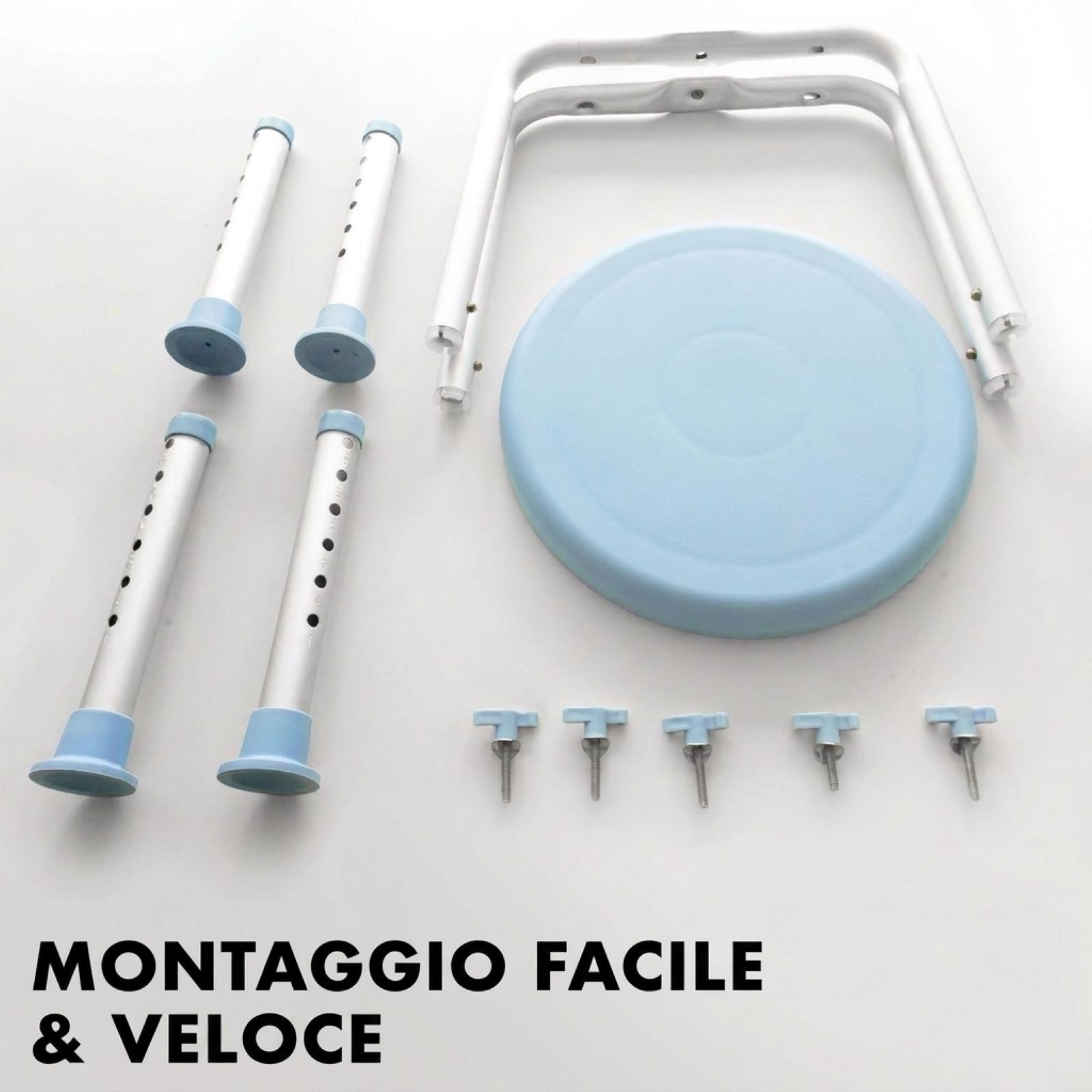 Componenti sgabello doccia: seduta, gambe, viti. Montaggio facile e veloce.