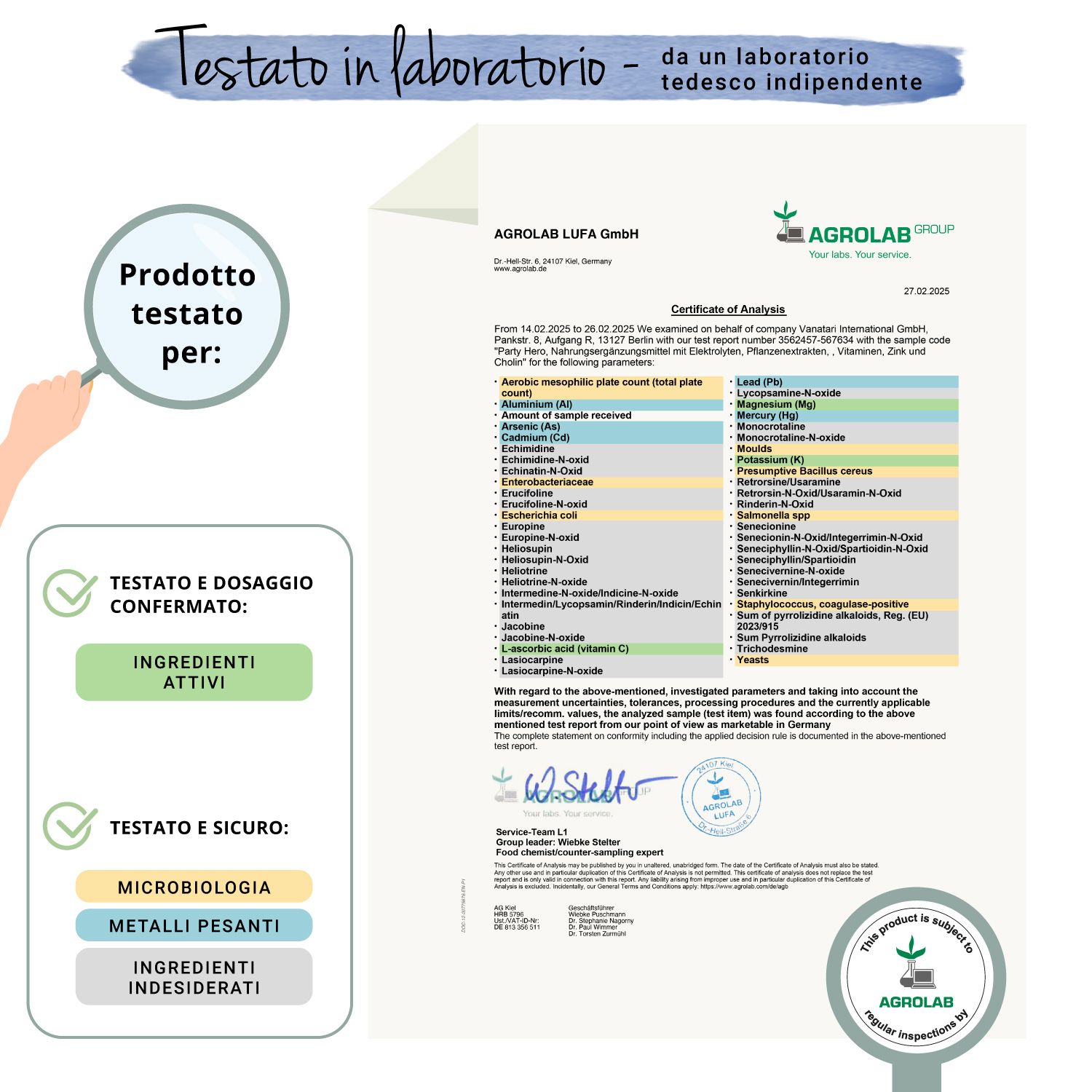Rapporto di laboratorio con risultati dei test. Esaminato per metalli pesanti, sostanze indesiderate. Dosaggio confermato. AGROLAB LUFA GmbH.